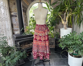 Vintage Bohemian Cotton Maxi Wrap Skirt Paisley Peacock and Elephant Print India