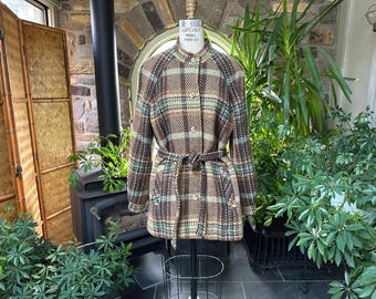 Vintage 1970s Green Tan Brown Plaid Wool Belted Jacket Edgar of Scotland