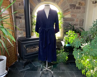 Vintage 1970s Christian Dior Monsieur Men's Navy Blue Velour Belted Robe, 70s Porn Star Robe, Vintage Boyfriend Robe, Men's Loungewear