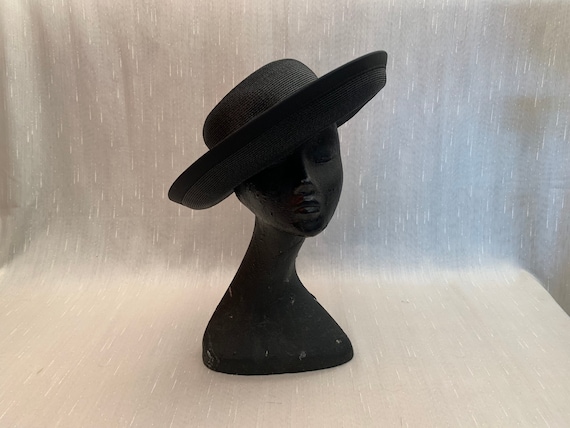 Vintage 1940s Black Wide Brim Milan Straw Hat, Vin