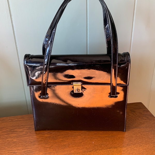 Vintage 1960s Black Patent Leather Top Handle Handbag Leather Lined Made in Canada, Vintage Sixties Black Patent Leather Purse