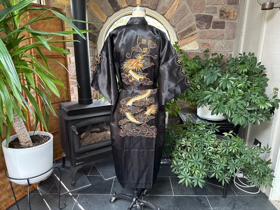 Vintage Chinese Black Satin Golden Dragon Kimono … - image 2