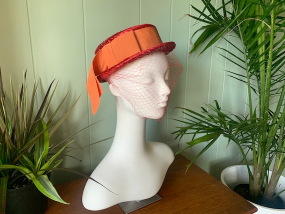 Vintage 1960s Woven Red Straw Wide Orange Grosgra… - image 8