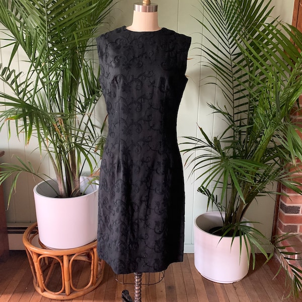 Vintage 1960s Black Embroidered Cotton Sleeveless Dress, Vintage Sixties Black Summer Dress