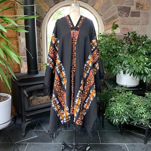 Vintage Black Orange Red Yellow White Colorful Design Wool Blanket Poncho Made in Argentina