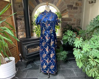 Vintage Blue and Gold Cheongsam Satin Rayon Oriental Maxi Dress, Vintage Asian Dress, Vintage Keipo Dress, Vintage Wiggle Dress