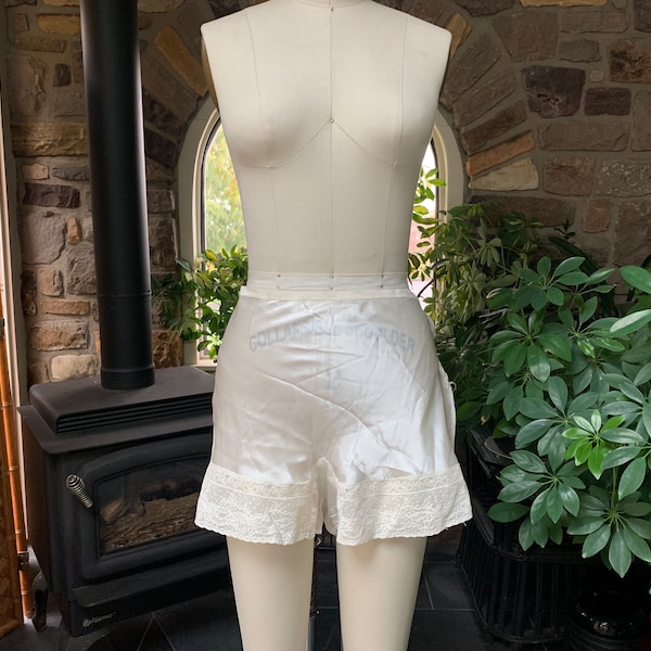 Vintage 1930s Silky Ivory Satin Rayon and Lace Step Ins, Vintage Forties Ivory Rayon Side Button Tap Pants, Vintage Satin Underwear