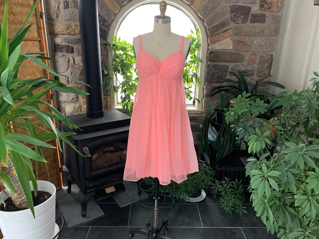 1970s Front Gathered Pink Coral Nylon Lingerie Dress