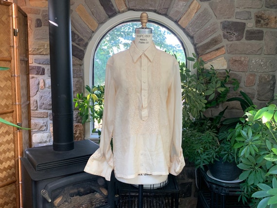 Vintage Ivory Embroidered Silk Gender Neutral Shirt French Cuffs