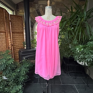 Vintage 1960s 1970s Bright Pink Nylon Embroidered Nightgown, Vintage Sixties Nylon Nightgown