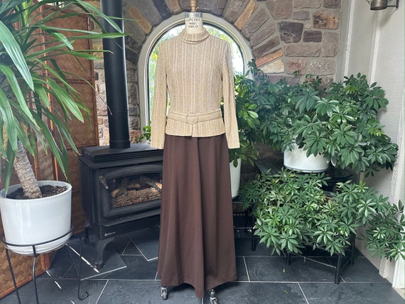 Vintage 1970s Brown Knit and Metallic Gold Maxi E… - image 1