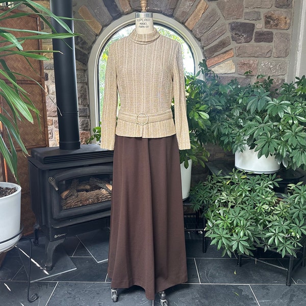 Vintage 1970s Brown Knit and Metallic Gold Maxi Evening Dress Large Size Vintage, Vintage Mother of the Bride Brown and Gold Plus Size Gown