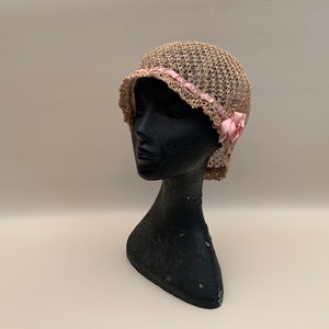 Antique Edwardian Victorian Ecru Crocheted Lace with Pink Silk Ribbon Night Cap, Victorian Bedtime Bonnet, Antique Lace Nightcap