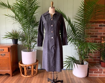 Vintage 1970s Gray Handmade Fitted Shirt Dress with Front Silver Buttons, Vintage Academia Shirtdress