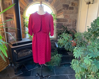 Vintage 1950s Deep Red Textured Crepe Dress Matching Jacket Styled by Andora, Vintage Fifties Pucker Crepe Dress and Crop Jacket