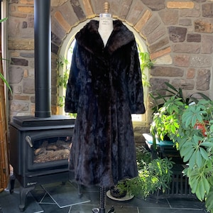 Vintage 1960s Dark Brown Mink Flare Coat with Pink and Black Floral Embroidered Lining Mob Boss Wife