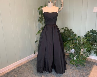 Vintage Black Strapless Gown with Train Gothic Wedding Dress Betsy & Adam New Years Eve Black Tie Event Prom Dress