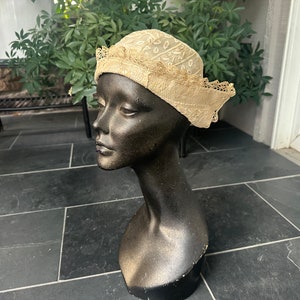 Antique Ecru Cotton and Linen Laces Silk Organza Bonnet Night Cap,  Victorian Bedtime Bonnet Lace Silk Nightcap