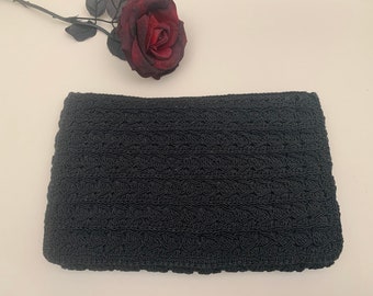 Vintage 1940s Oversized Black Crocheted Cord Clutch Handbag Zipper Top, Vintage Black Cord Handbag