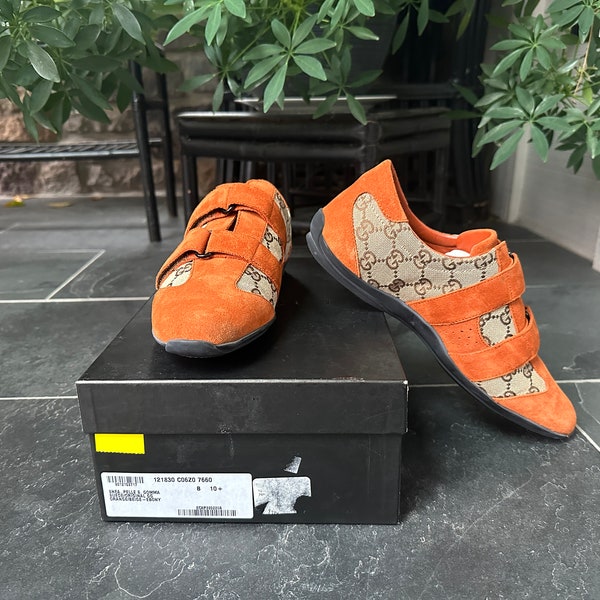 Vintage 2000's Womens Authentic Gucci Rust Orange Suede Original GG Print Sneakers Shoes Hook and Loop Closures Original Box and Dust Bag