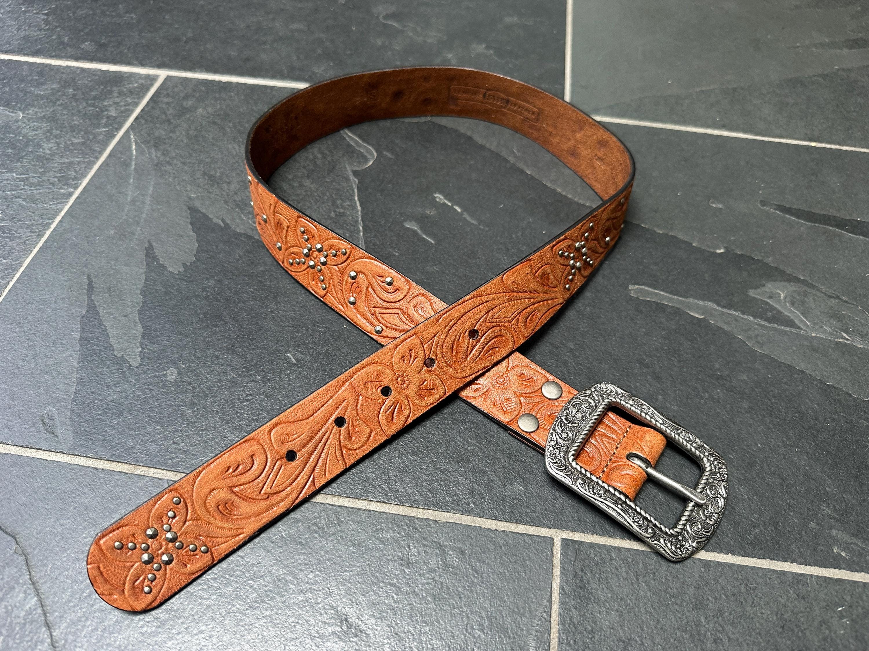 Vintage Fossil Tooled Leather Silver Stud Belt Heavy Silver