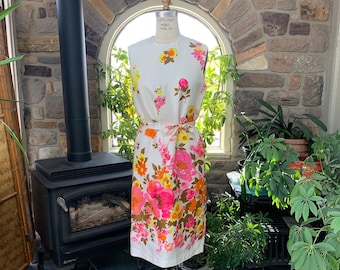 Vintage 1960s Silky White Pink Floral Belted Shift Dress