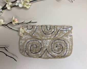 Vintage 1970s Wedding Bridal Purse, Vintage Pearls Silver Beads Sequins Clutch Bag, Vintage Formal Beaded Clutch Purse