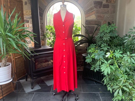 Vintage 1980s Red Sleeveless Fitted Button Front Mid Calf Dress J Taylor NY Eighties Nineties Red Rayon and Linen Dress Etsy