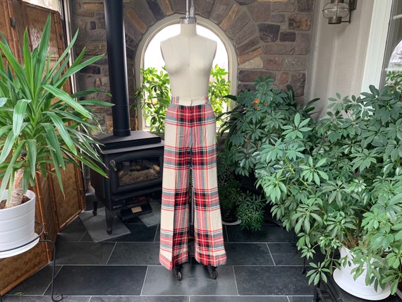Vintage 1970s Red Ivory Plaid Wool Cuffed Bell Bot