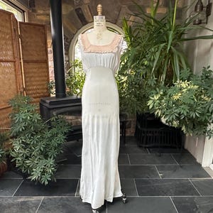 Vintage 1940s Blue Rayon and Ecru Cotton Lace Bias Cut Nightgown, Full Length Nightgown, Forties 1940s Lingerie