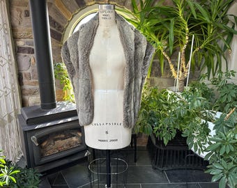 Vintage 1940s Tan and Gray Rabbit Bridal Wedding Long Wrap Stole