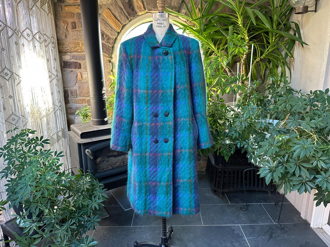 Vintage 1980s Turquoise and Blue Mohair and Wool Double Breasted
