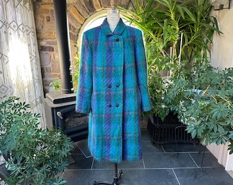Abrigo cruzado vintage de mohair y lana turquesa y azul de los años 80 de Riel Coat Company.
