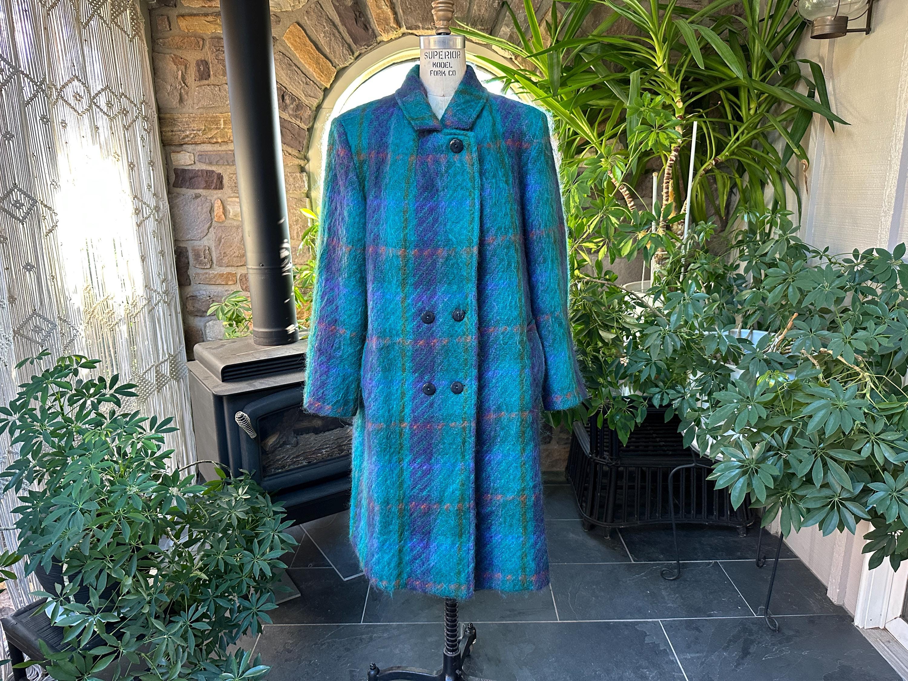 Vintage 1980s Turquoise and Blue Mohair and Wool Double Breasted