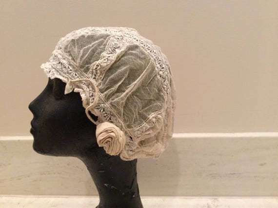Antique Victorian Net Lace Night Cap with Silk Chi