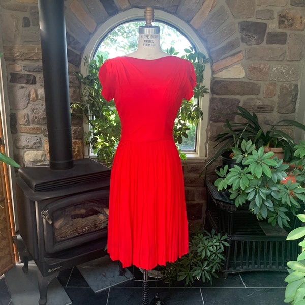 Vintage 1950s Red Chiffon Dress Full Pleated Skirt, Vintage Fifties Red Cocktail Dress, Vintage Chiffon Rockabilly Formal Dress