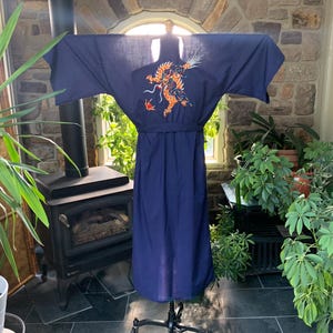 Vintage Navy Blue Embroidered Asian Robe Metallic Gold Bright Colorful Embroidered Dragon Design on Back, Vintage Dragon Kimono Robe