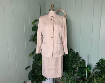 Vintage 1990s Beige Texture Brocade 2 Piece Suit Jacket and Skirt Harve Benard by Benard Holtzman
