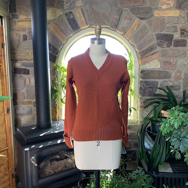 Vintage 1970s Rust V-Neck Pullover Sweater Exclusive Import, Rust Cuff Sleeve Knit Sweater, Vintage Seventies Orange Sweater