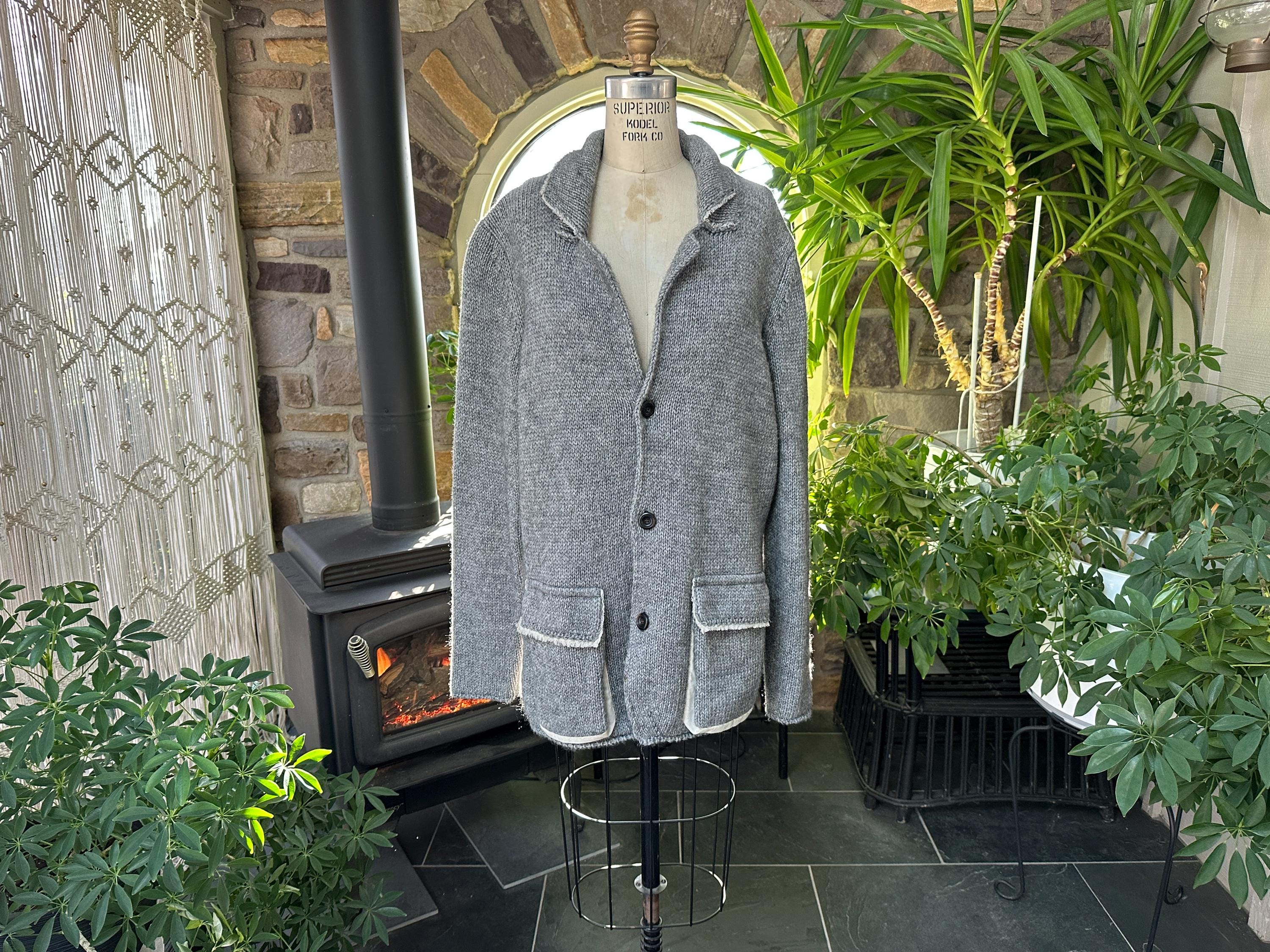 Vintage Gender Neutral Gray Alpaca Wool Blend Cardigan Sweater