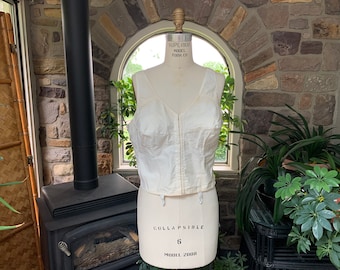 Sutiã estilo corset longo vintage branco Do-All Bullet, década de 1950, com ganchos para ligas.