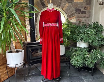 Vintage 1960s Red Cotton Velvet Long Sleeve Floral Trim Maxi Dress