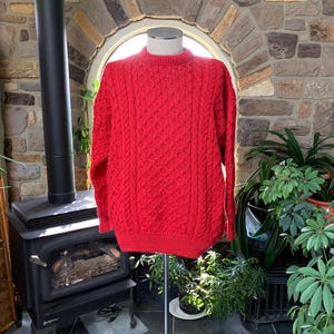 Vintage 1980s Gender Neutral Heavy Red Wool Sweater Ireland, Vintage Mens Heavy Wool Ski Sweater, Vintage Red Unisex Cable Knit Sweater