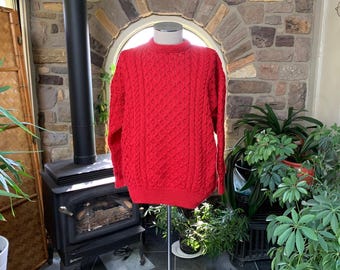 Maglione vintage anni '80 unisex in lana pesante rossa, Irlanda