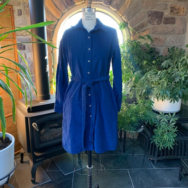 Vintage 1990s Navy Blue Cotton Corduroy Shirt Dress Anthony Richards, Belted Corduroy Shirtdress