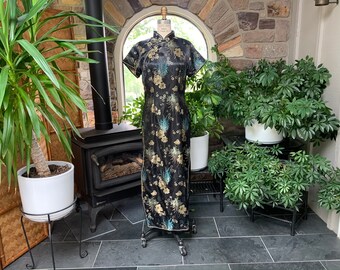 Vintage Cheongsam Style Black Gold and Turquoise Satin Dress Whitby, Vintage Asian Style Dress, Vintage Wiggle Dress