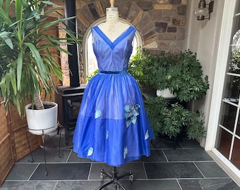 Vintage 1950s Blue Silk Organza Formal Dress with Velvet and Rhinestone Leaf Appliques Joan Barrie New York, Vintage Fifties Party Dress