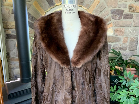 Vintage 1960s Brown Pony Hair Cowhide Fur Coat with Brown Mink Collar, Mod Sixties Clothing, 1960s Dress Coat