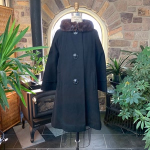 Vintage 1950s Black Wool Knee Length Coat with Brown Mink Collar Decorative Front Buttons, Vintage Clothing, Sixties Winter Wool Coat