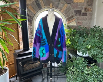 Vintage 1980s Lila Blau Schwarzer Abstrakt Color Block Mohair Oversized Pullover